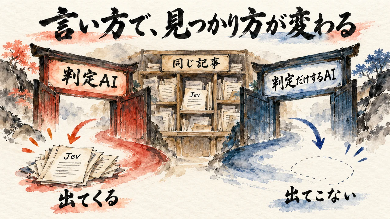 同じ記事を探しても、言い方を変えると検索結果が変わることを示した水彩イラスト