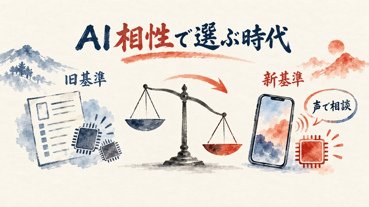 スマホ選びの基準がAI相性に変わったことを示す天秤の図解