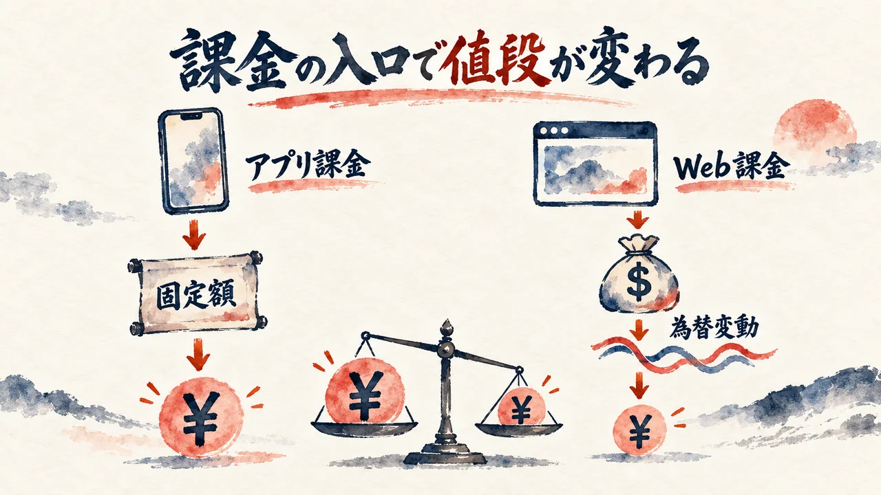 iPhone課金とWeb課金の値段差の対比図解