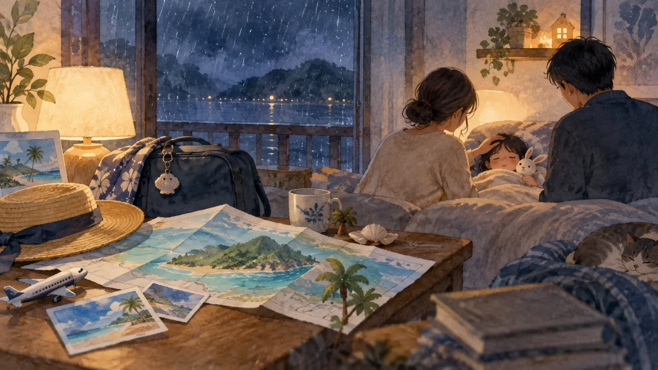 島行きの予定と家族で部屋に残る夜を描いた水彩画