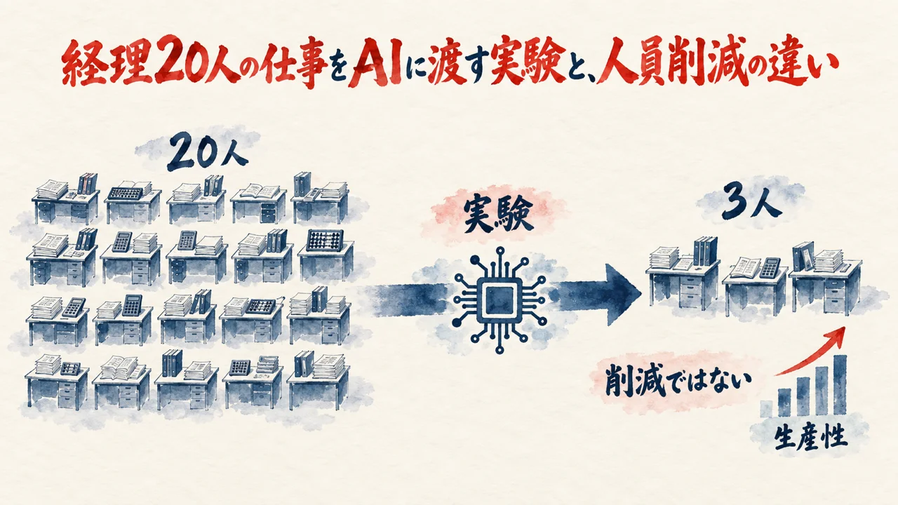 経理20人の仕事をAIに渡す実験と、人員削減の違いを示す図解