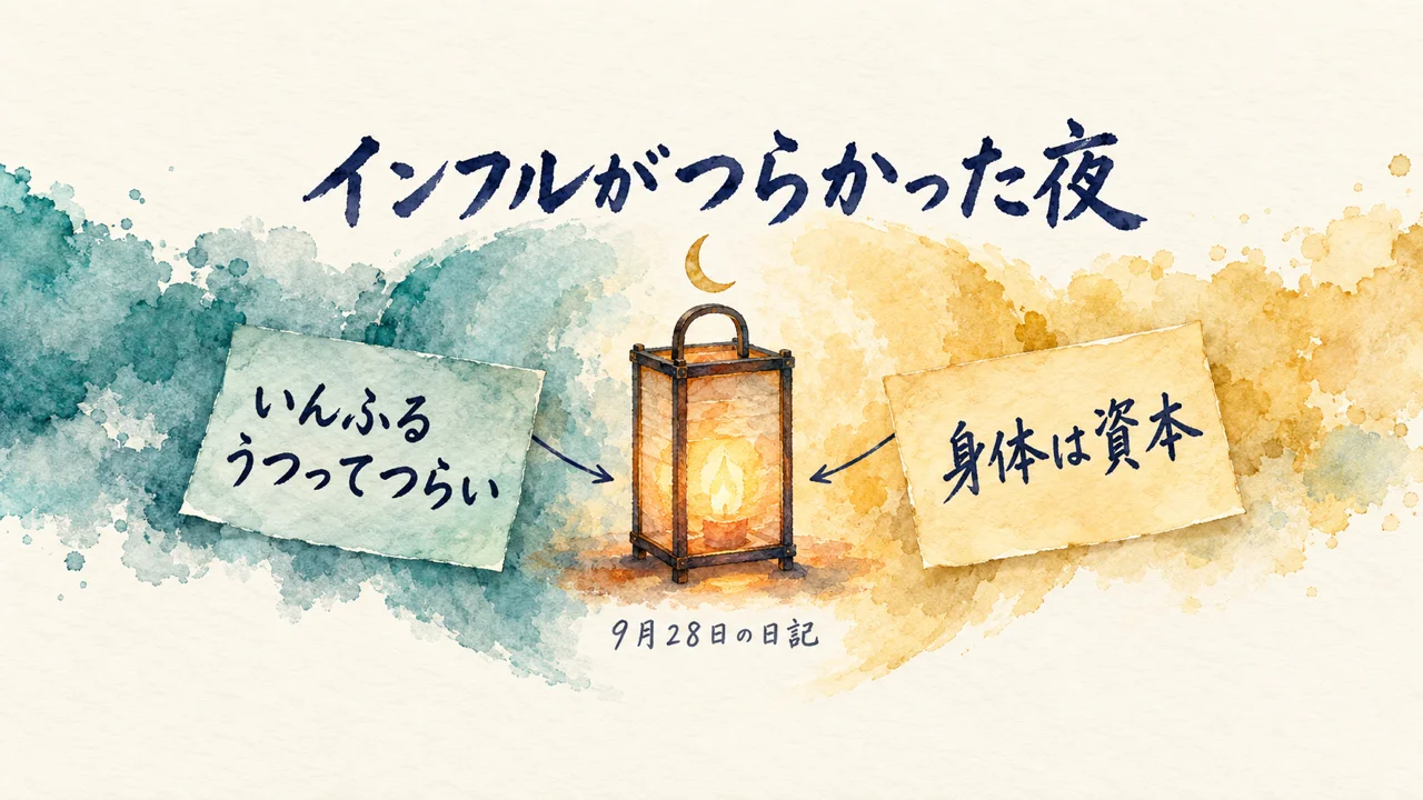 行灯のあかりを、左の付箋「いんふるうつってつらい」と右の付箋「身体は資本」が両側から矢印で指す水彩の図。題字は「インフルがつらかった夜」、注釈は「9月28日の日記」