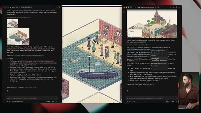動画キャプチャ: Opus 5.5とFable 5.1の並列比較画面、Moby Dickのアイソメトリック部屋