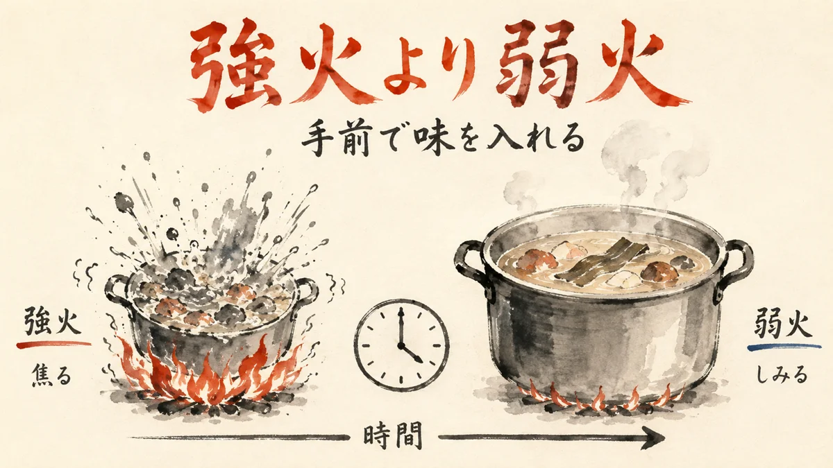 強火より弱火で手前から味を入れる図解