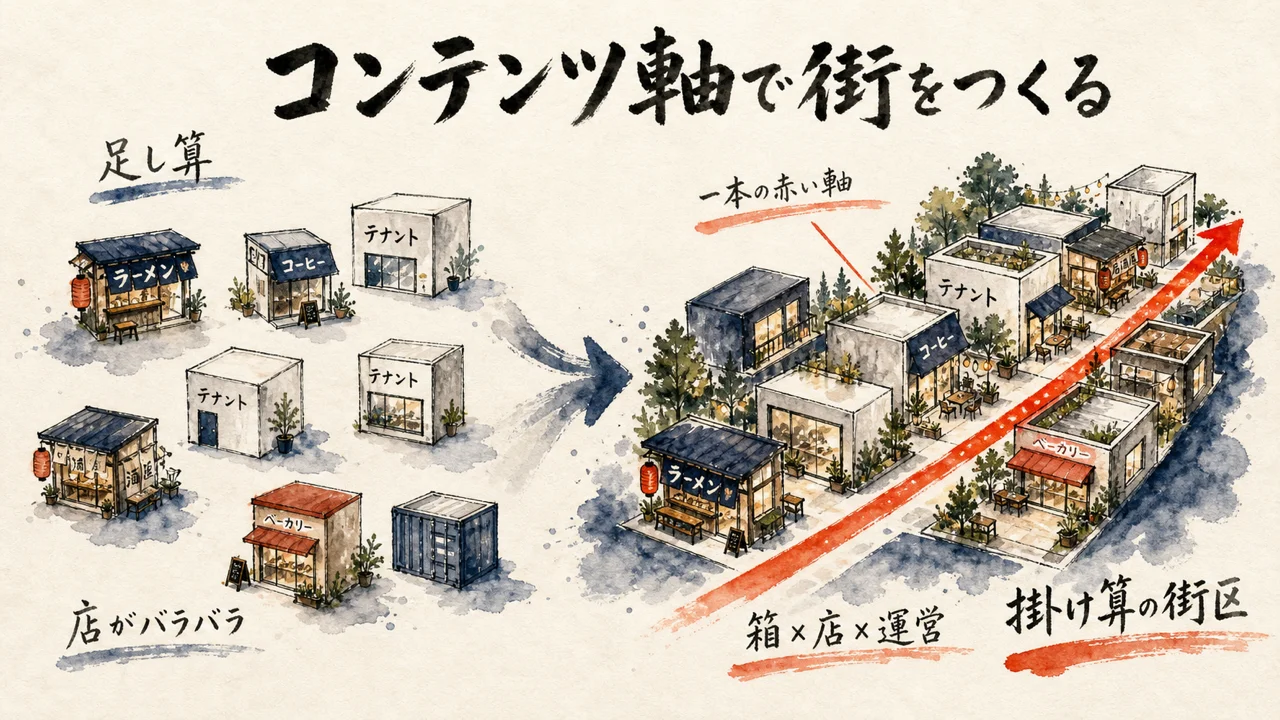 コンテンツを軸に飲食と箱を掛け算する街づくりの図解