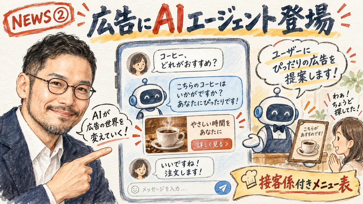OpenAI Sponsored Agentsについてひろくんが解説するグラフィックレコーディング風イラスト