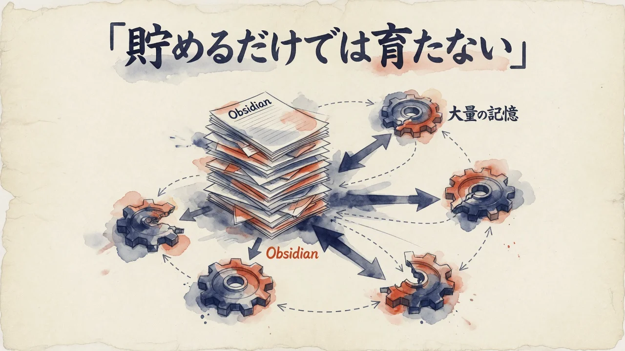 Obsidianに貯めるだけでは足りず周辺ツールへ分解して初めて記憶が育つことを示した水彩図解