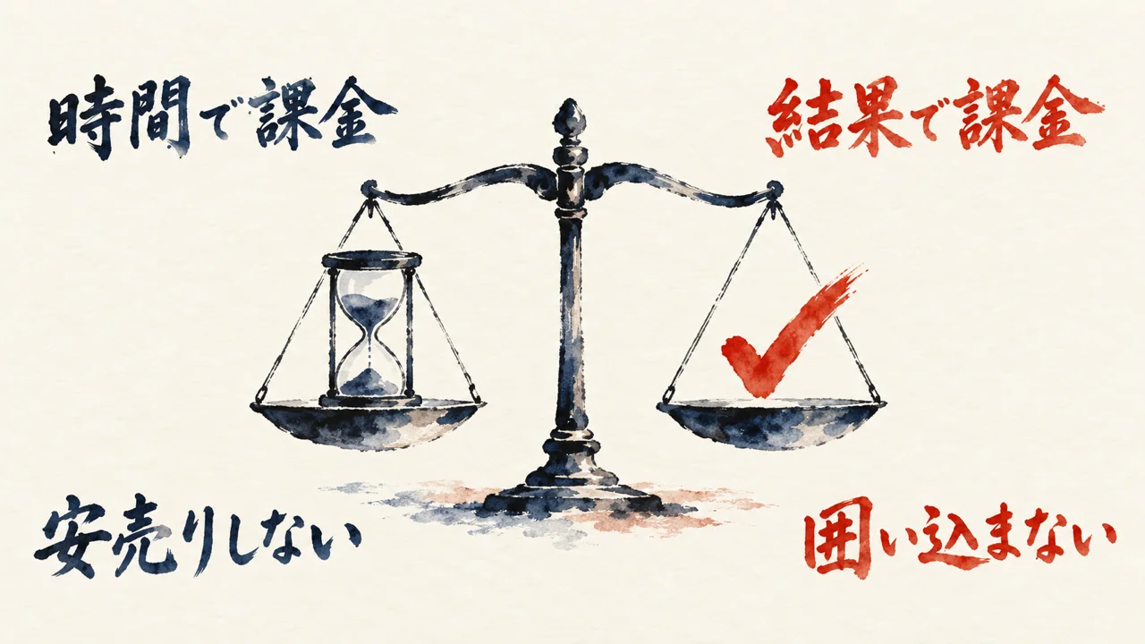 時間で課金と結果で課金を比べる天秤の図解