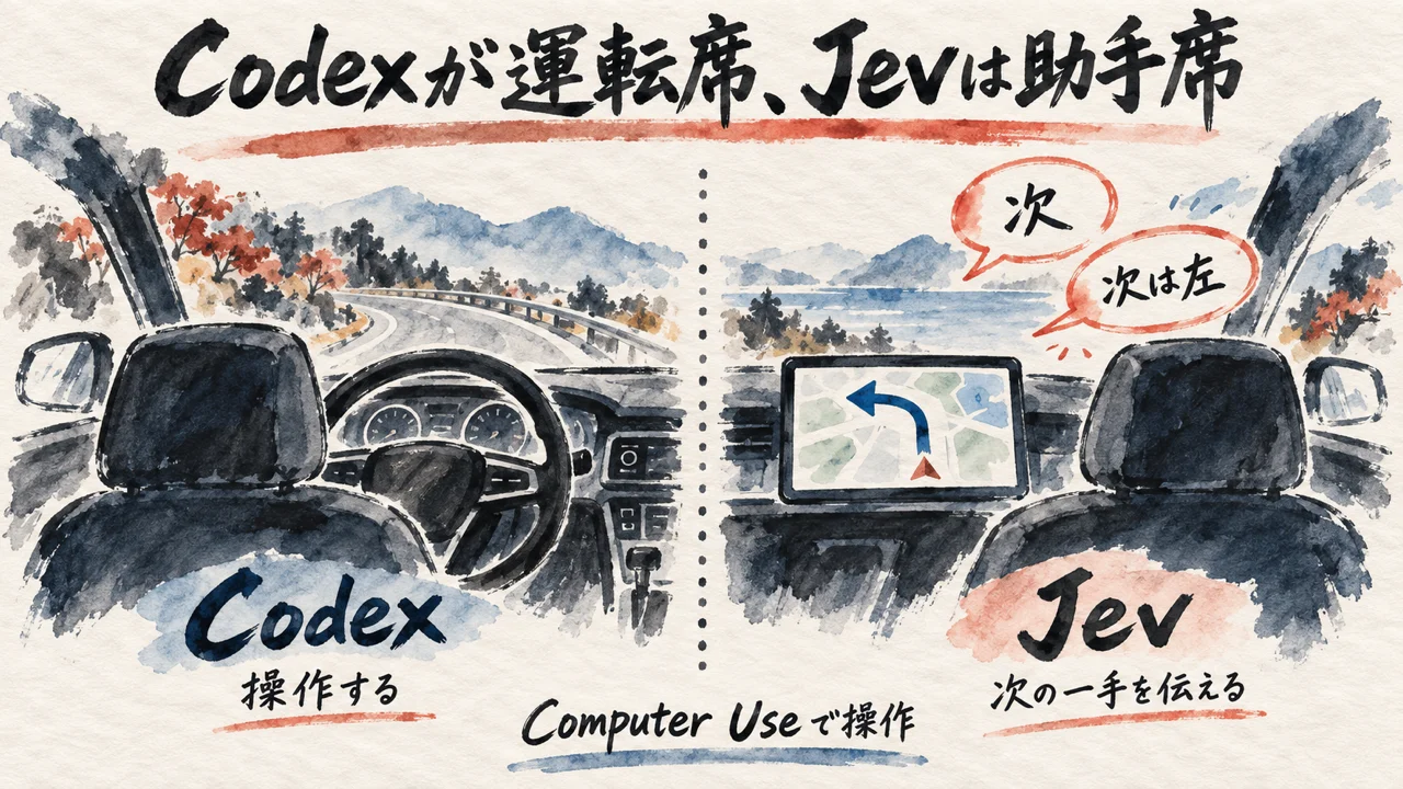 Codexが運転席でJevが助手席というComputer Useの役割分担を示す対比図解