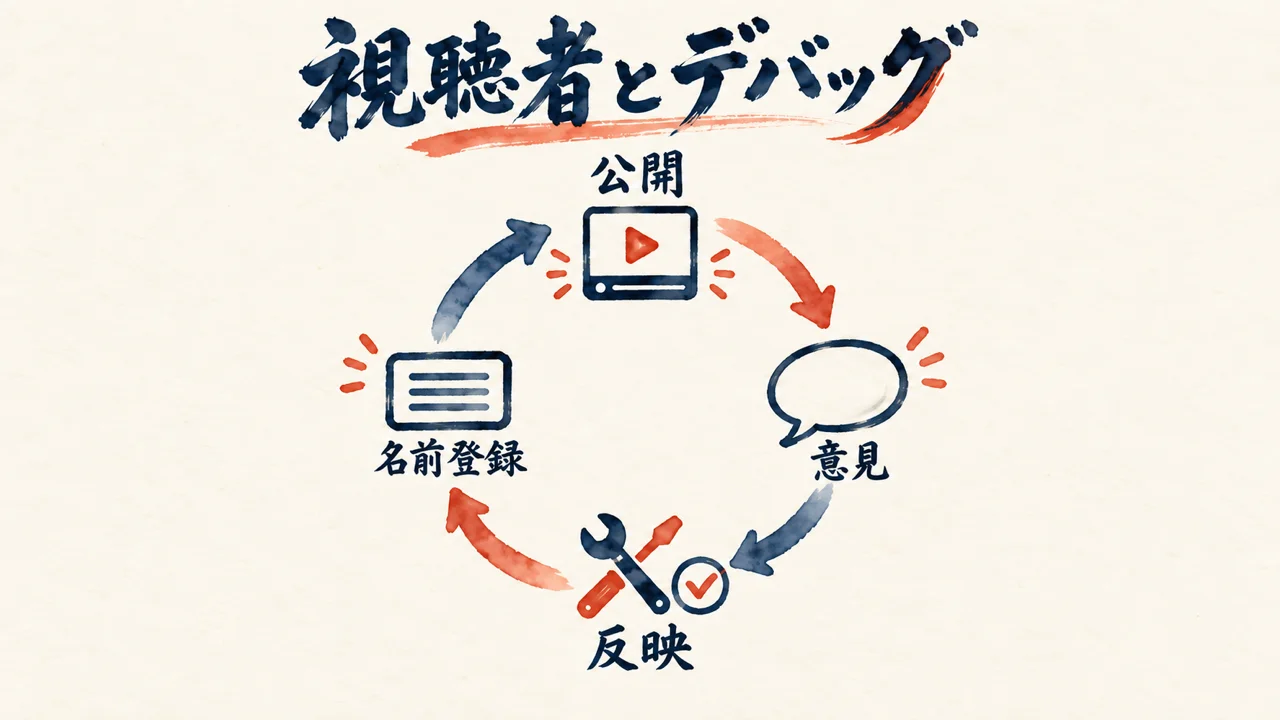 公開・意見・反映・名前登録が回る視聴者デバッグの循環図