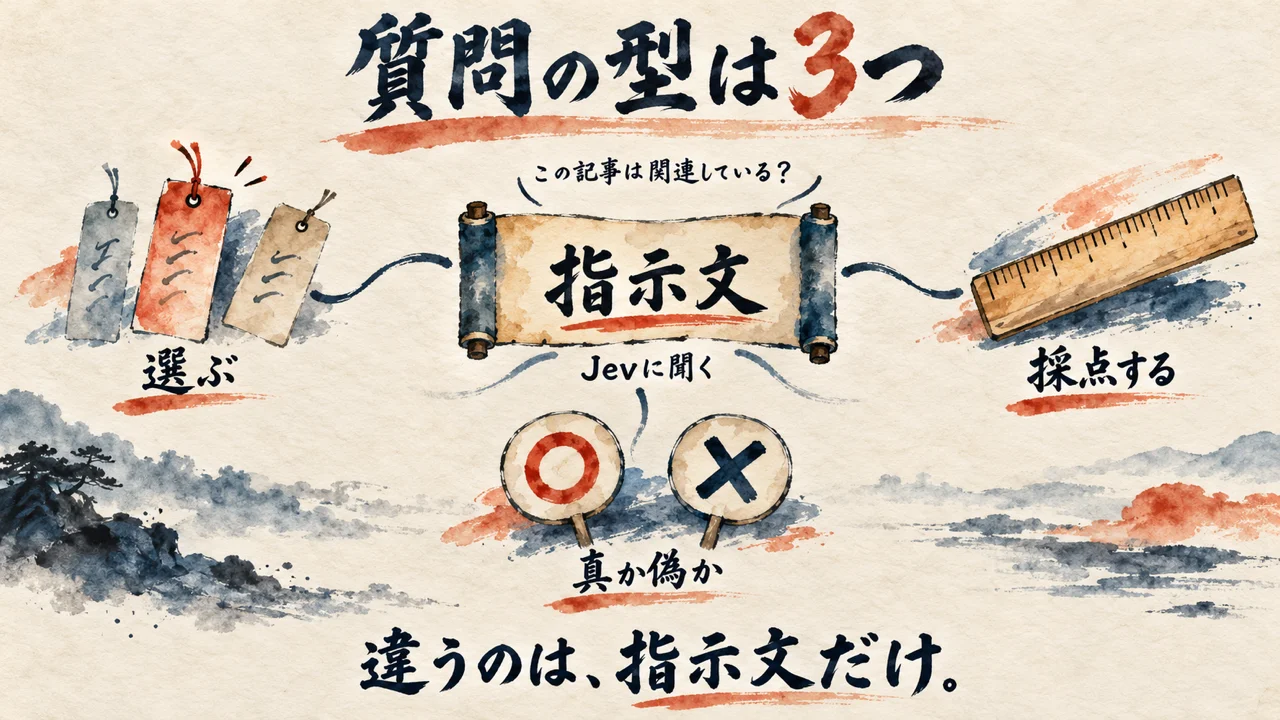 Jevに聞く質問の型が3つあることを示した水彩イラスト