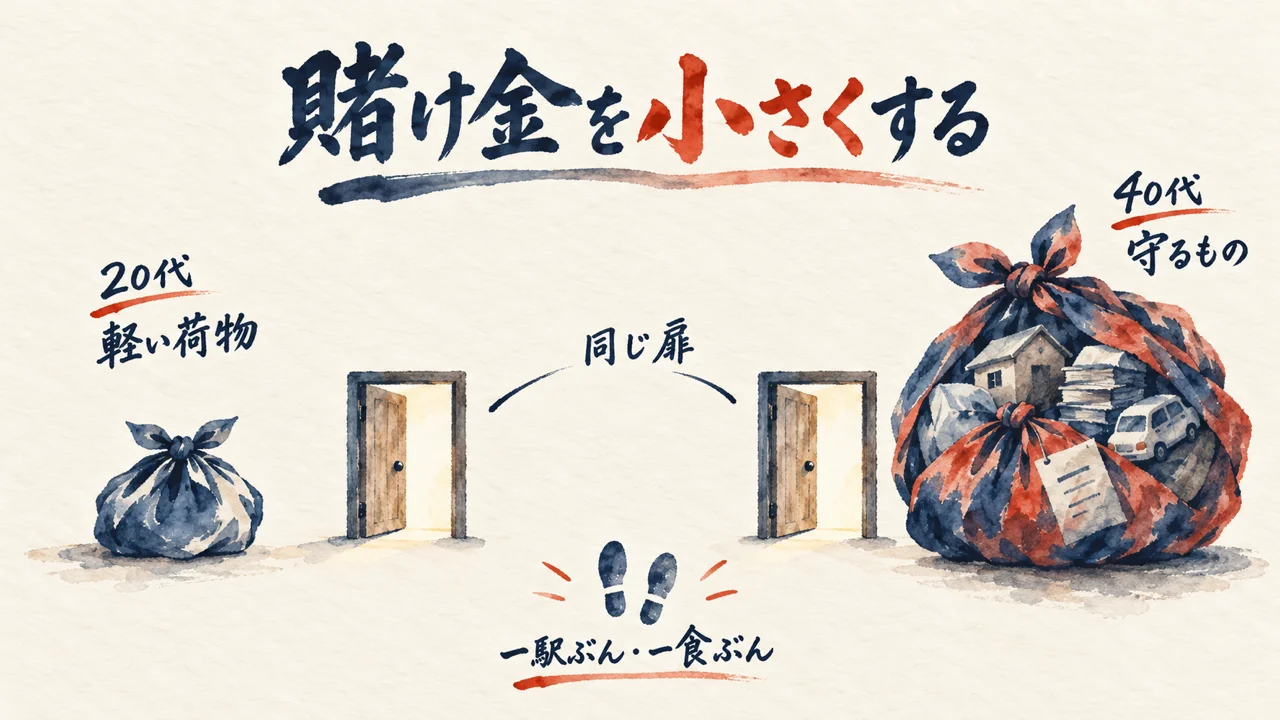 試すコストが20代と40代で違うことを荷物の軽重で対比した図解