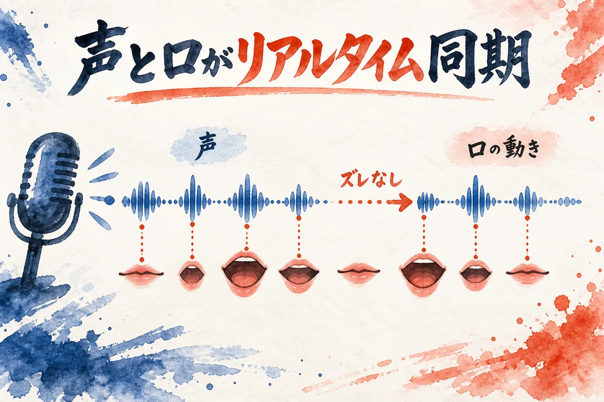 声にリアルタイムでリップシンクするアバター配信の様子を表す図解