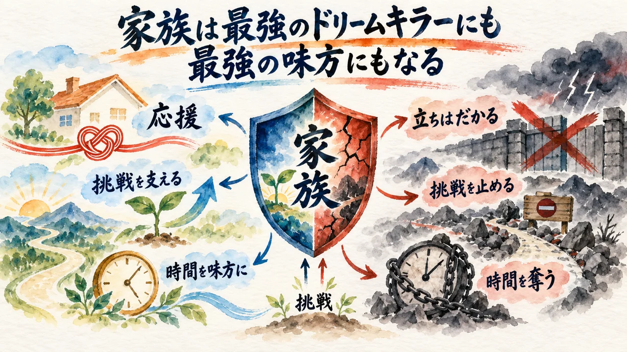 家族は最強のドリームキラーにも最強の味方にもなることを示す図解