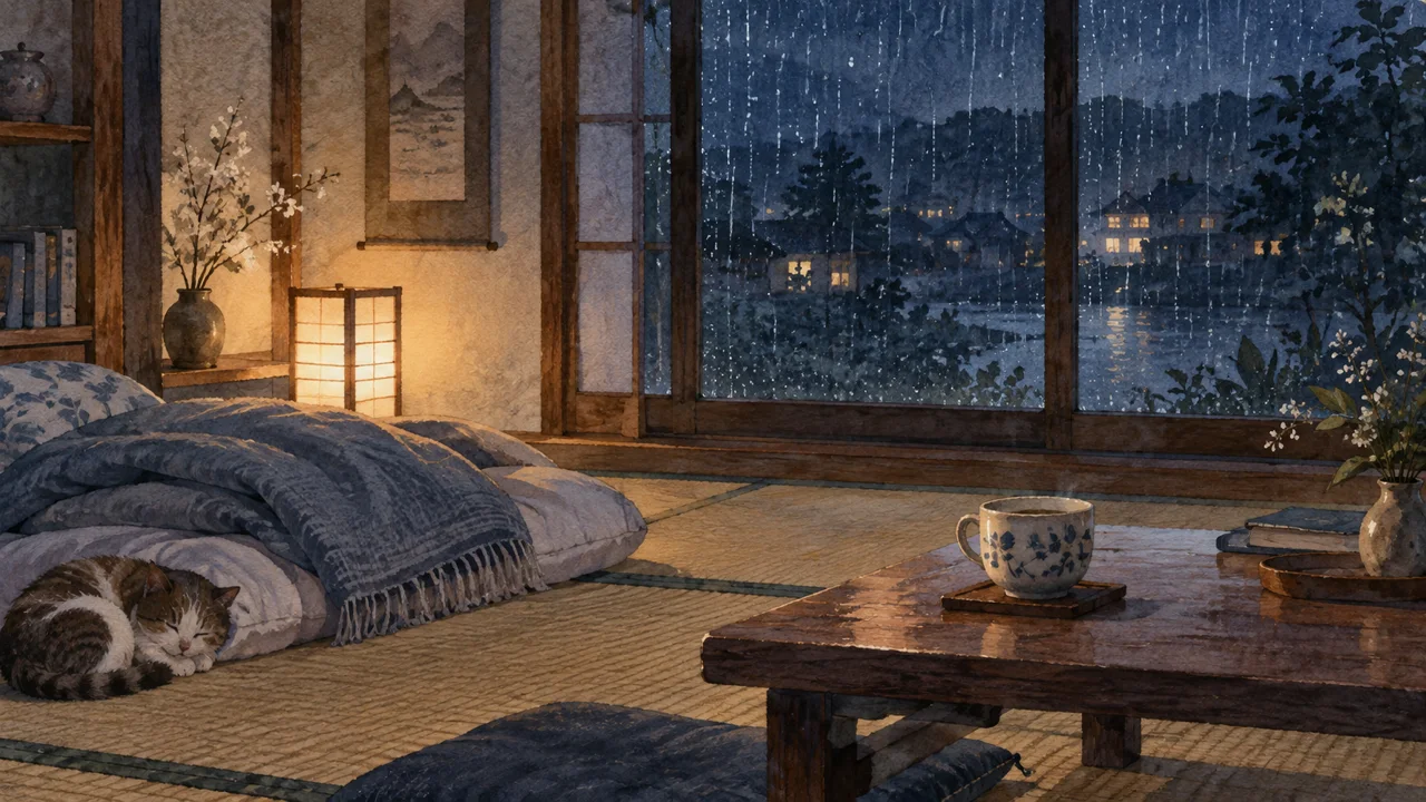 雨の夜の部屋で気持ちをそのまま味わう時間を描いた水彩画