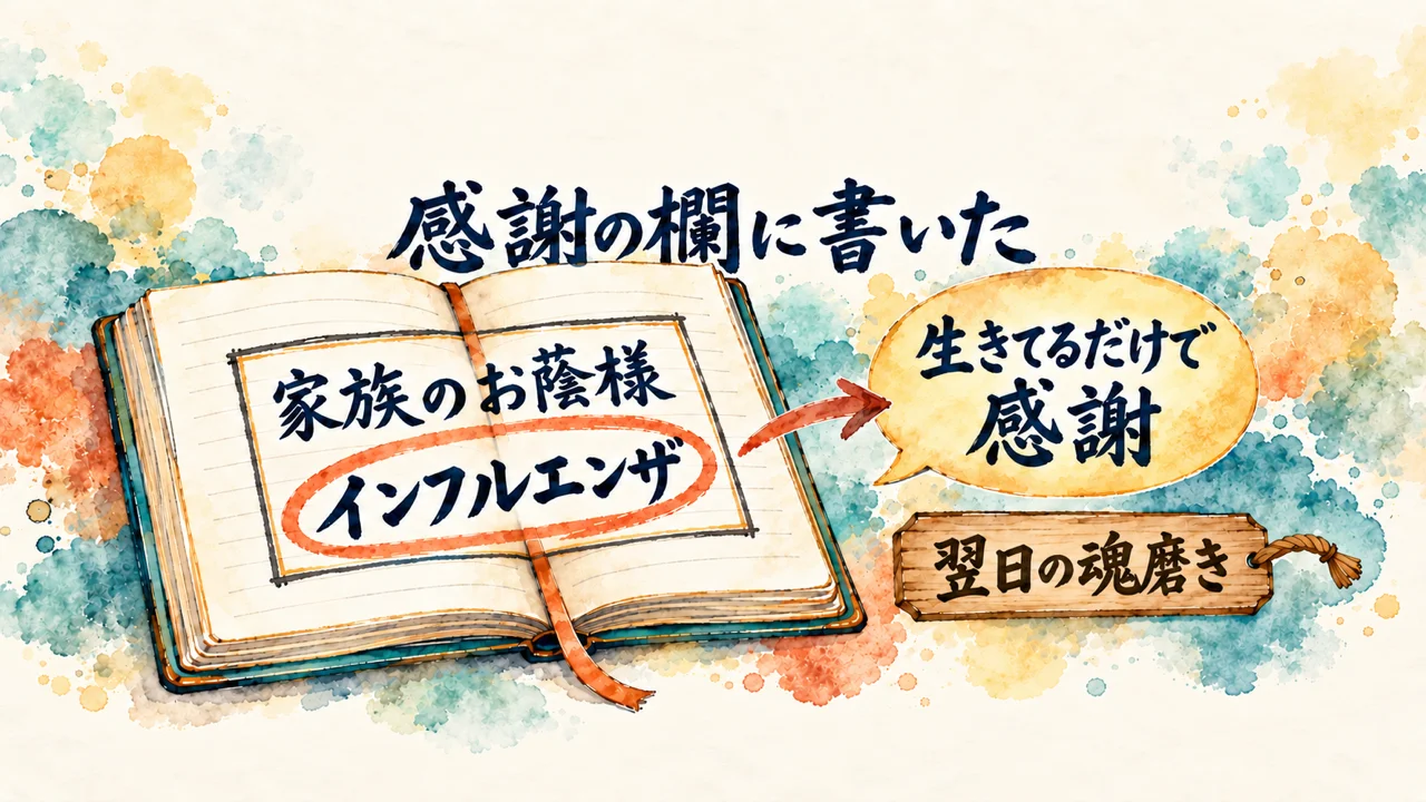 開いた日記帳の「家族のお蔭様」と、赤い輪で囲んだ「インフルエンザ」から、吹き出し「生きてるだけで感謝」へ矢印でつなぐ水彩の図。木札は「翌日の魂磨き」
