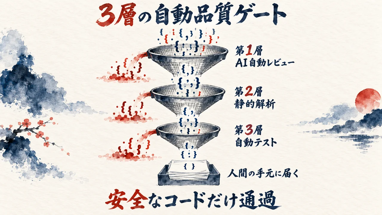 AI自動レビュー・静的解析・自動テストの3層品質ゲート図解