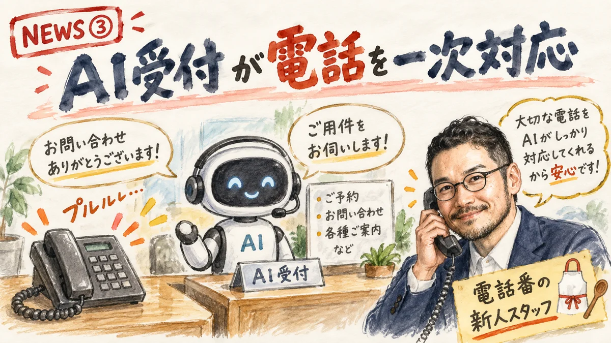 ElevenLabs Receptionの電話一次対応をひろくんが解説するグラフィックレコーディング風イラスト