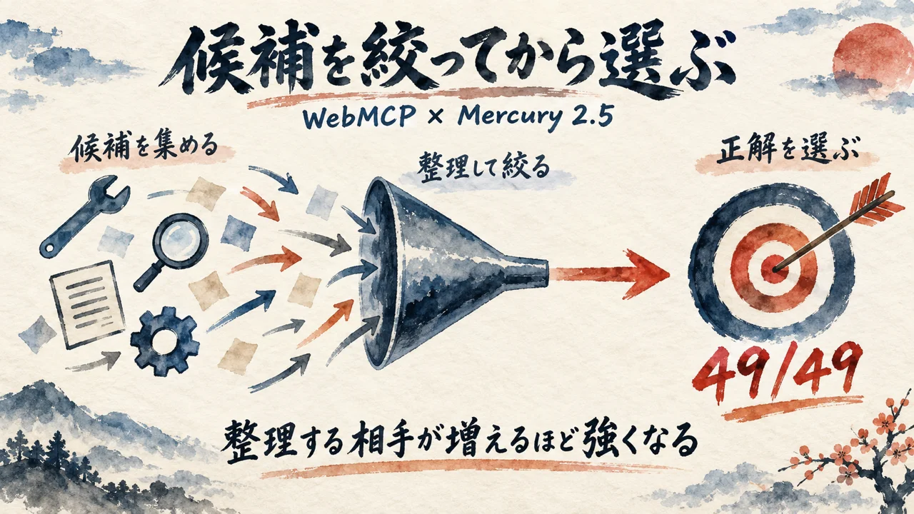 候補を絞ってから選ぶWebMCP×Mercury 2.5の流れを示すじょうご型図解