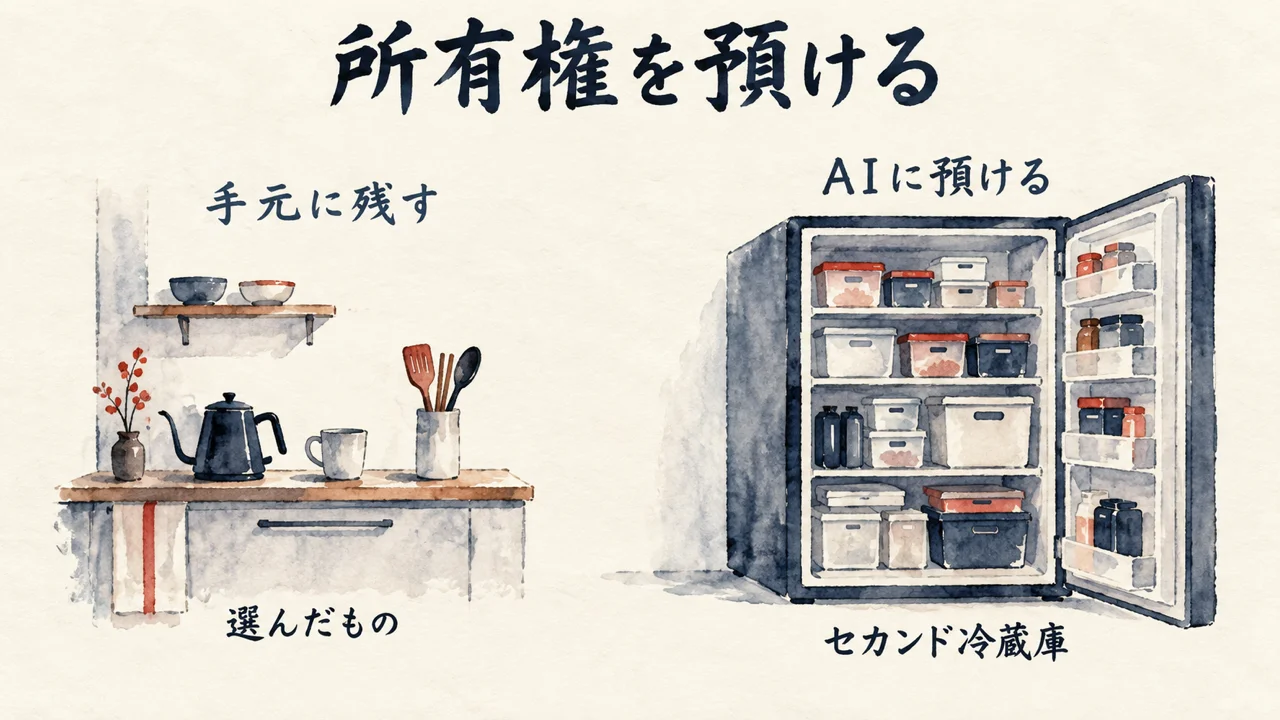 手元に残すものとAIに預けるもの（セカンド冷蔵庫）の図解