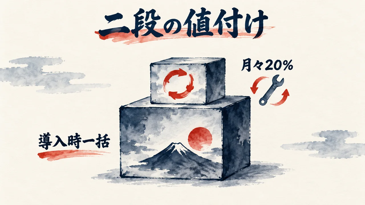 導入時一括と月々20%の二段の値付けの図解