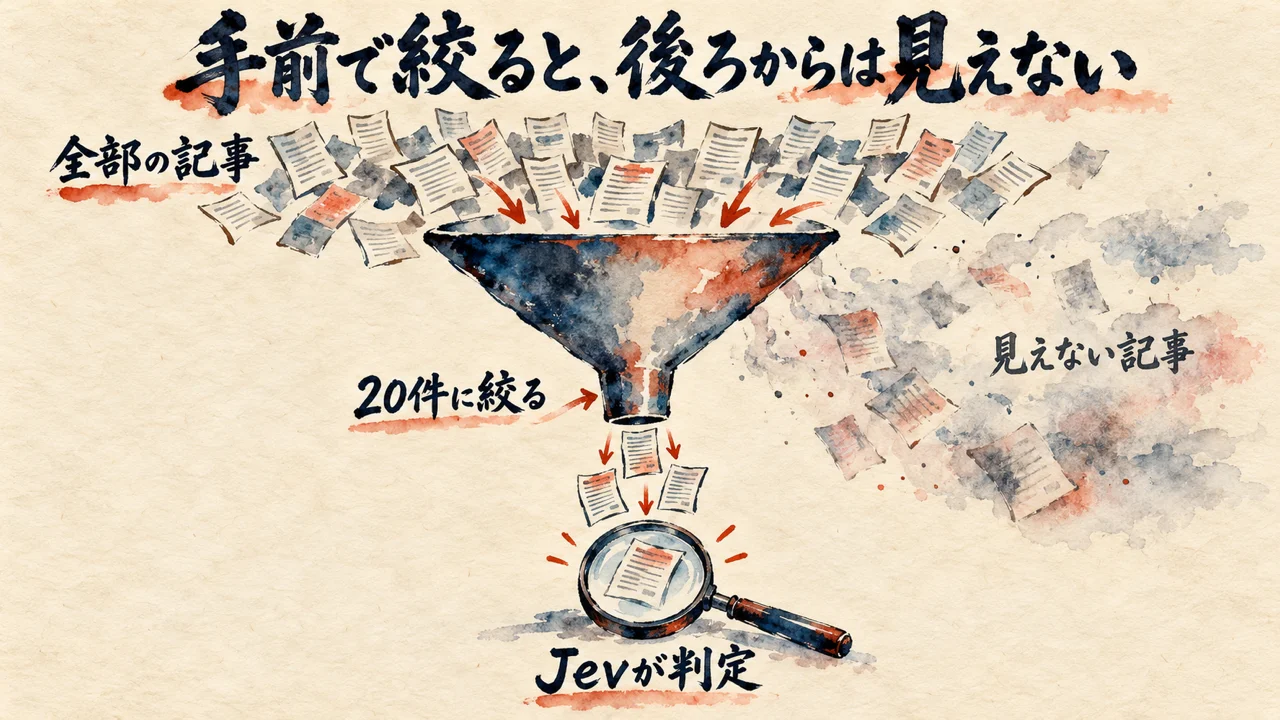 ベクトル検索で20件に絞る範囲が、Jevの拾える上限を決めることを示した水彩イラスト