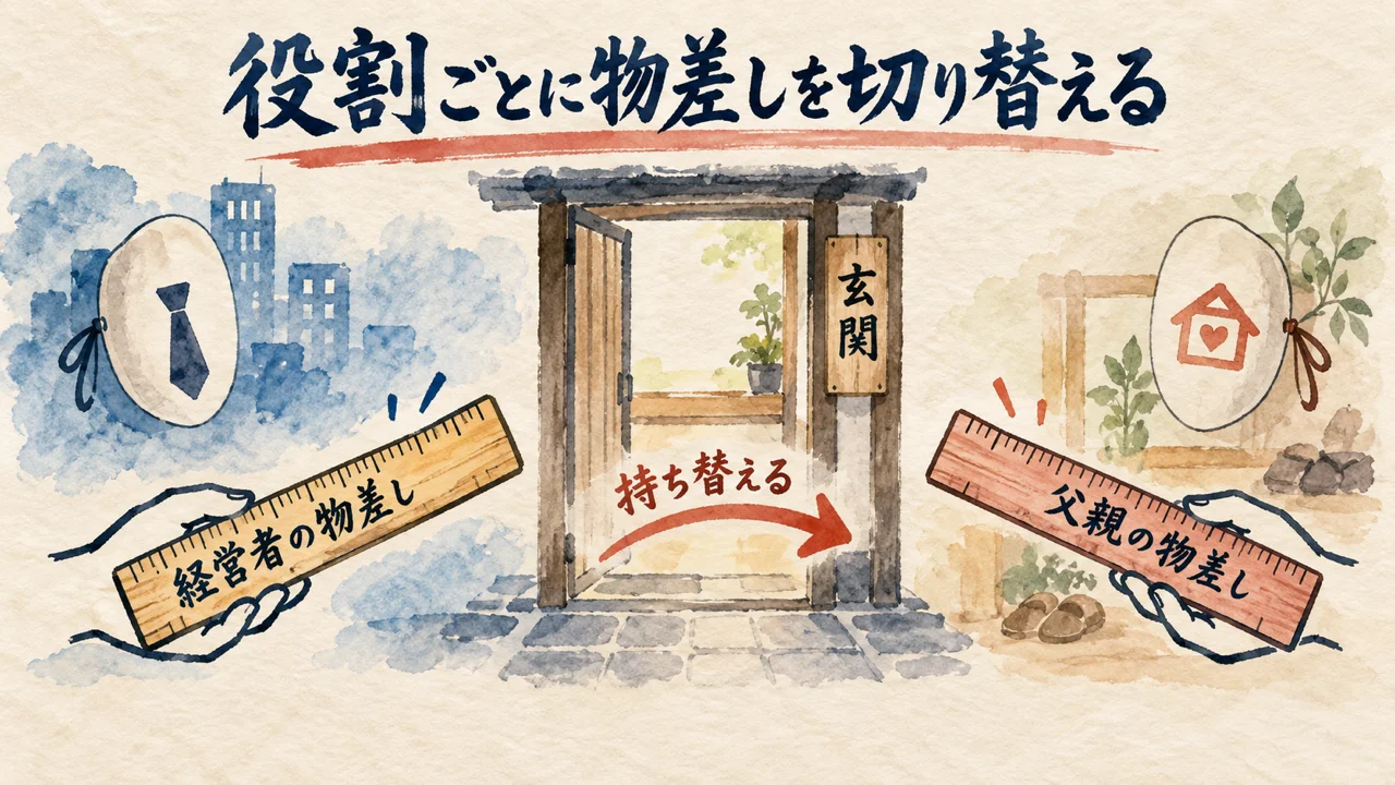 経営者と父親、役割ごとに物差しを切り替える様子を表す図解