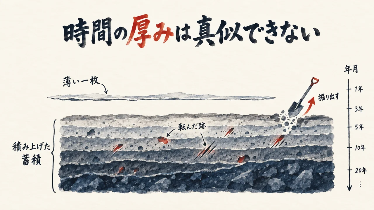 真似できないのは時間をかけた蓄積だけということを地層で表した図解