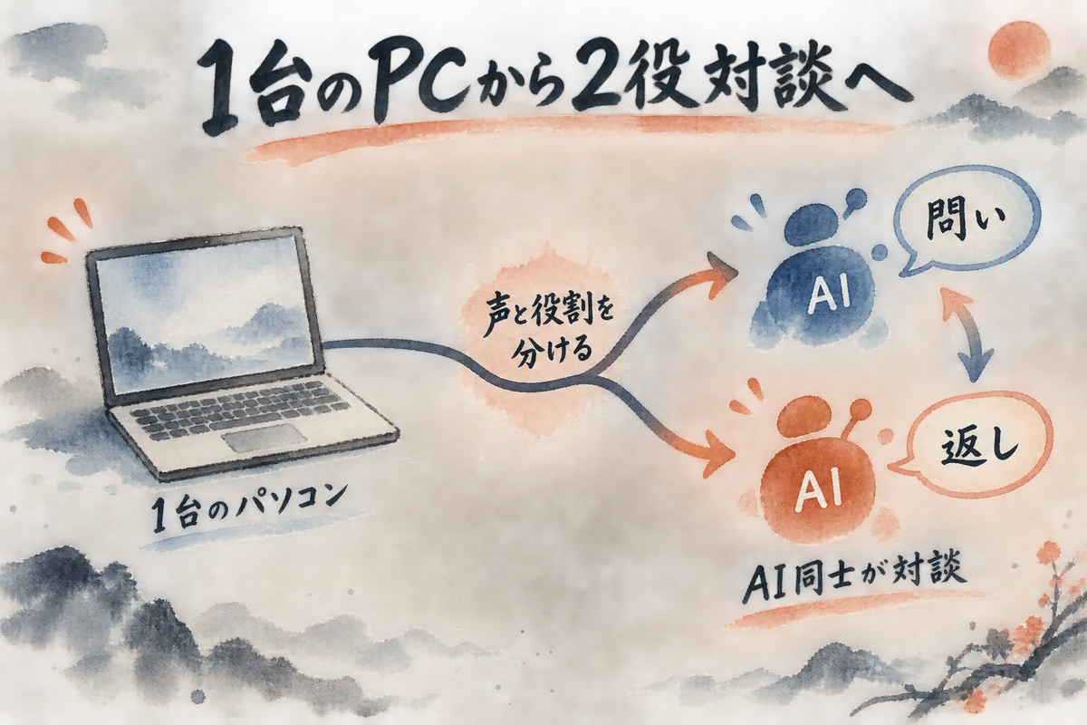 一人二役でAIチューバー対談を作る発想を表す図解
