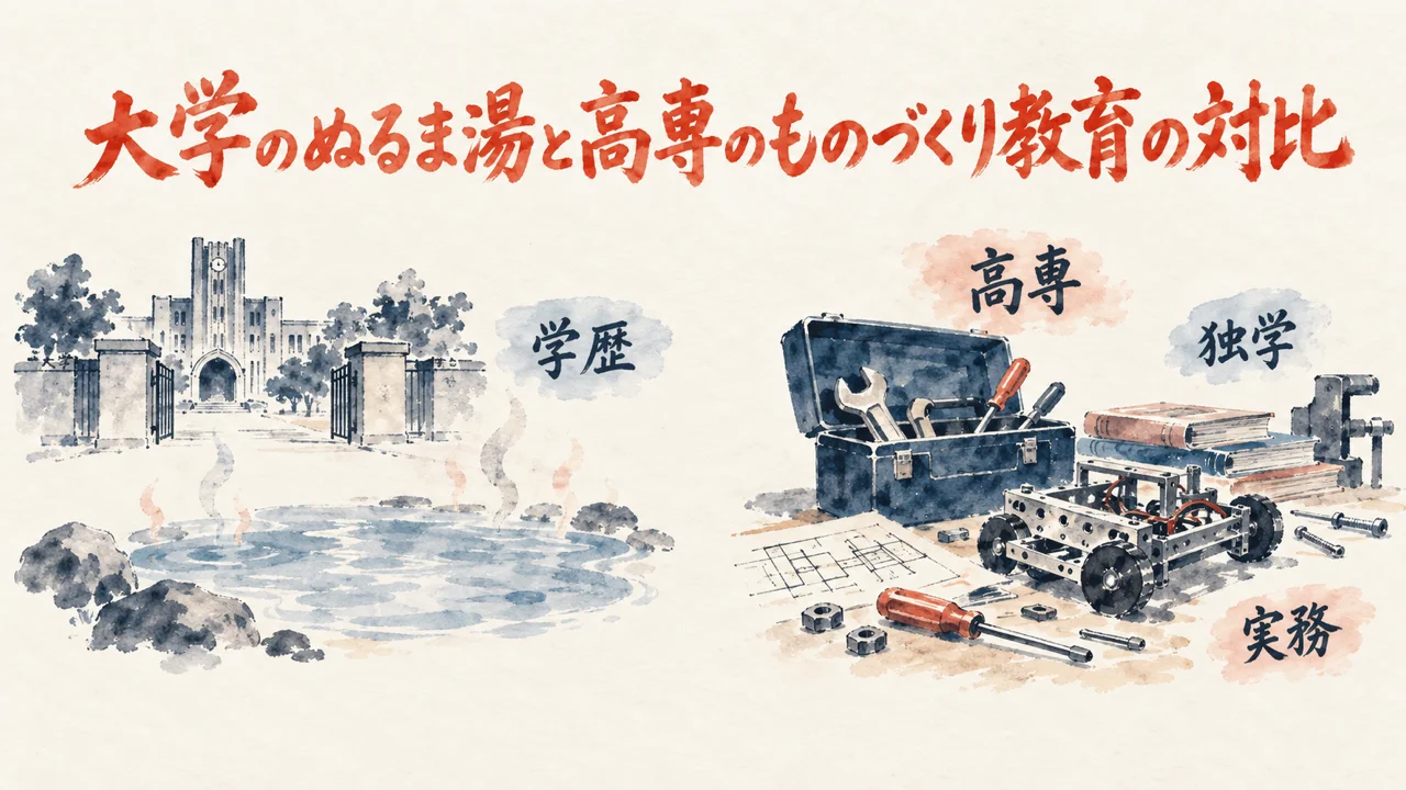 大学のぬるま湯と高専のものづくり教育の対比を示す図解