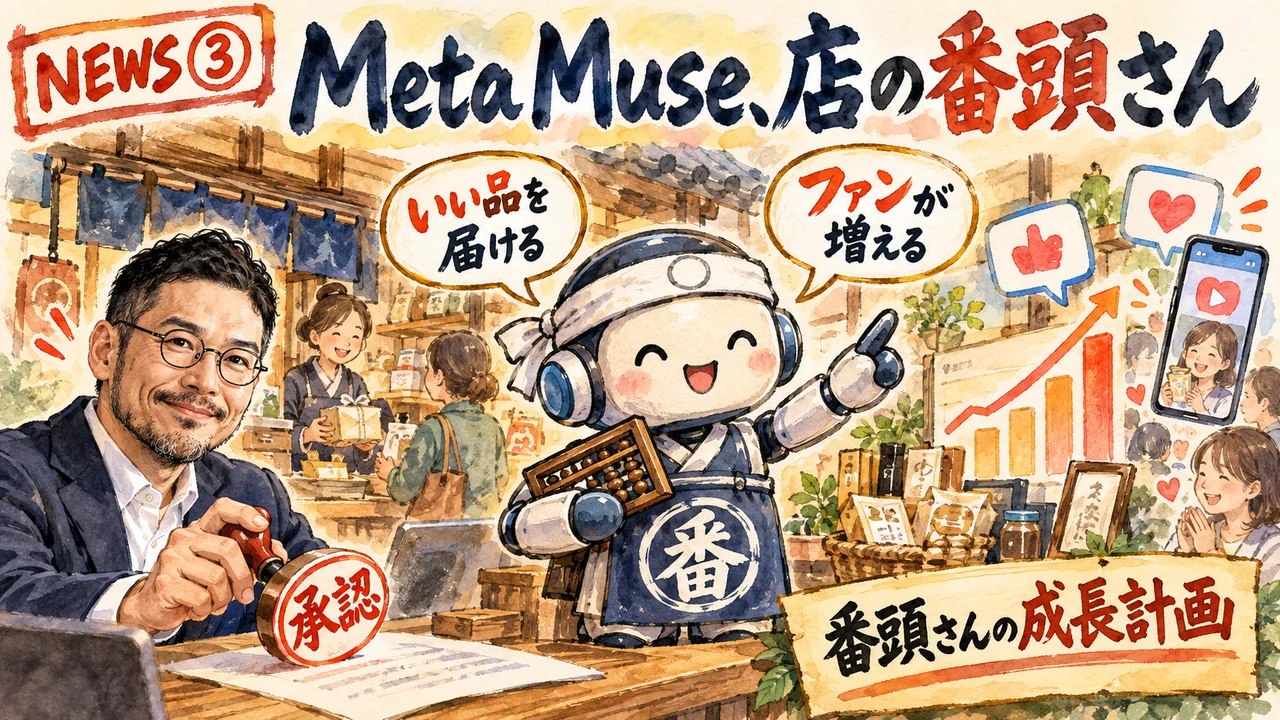 Meta Muse小規模事業者版のニュースを解説するひろくんのグラレコ