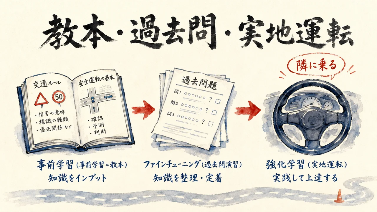 「自動車教習所」の例え——事前学習・過去問・実地運転の違い