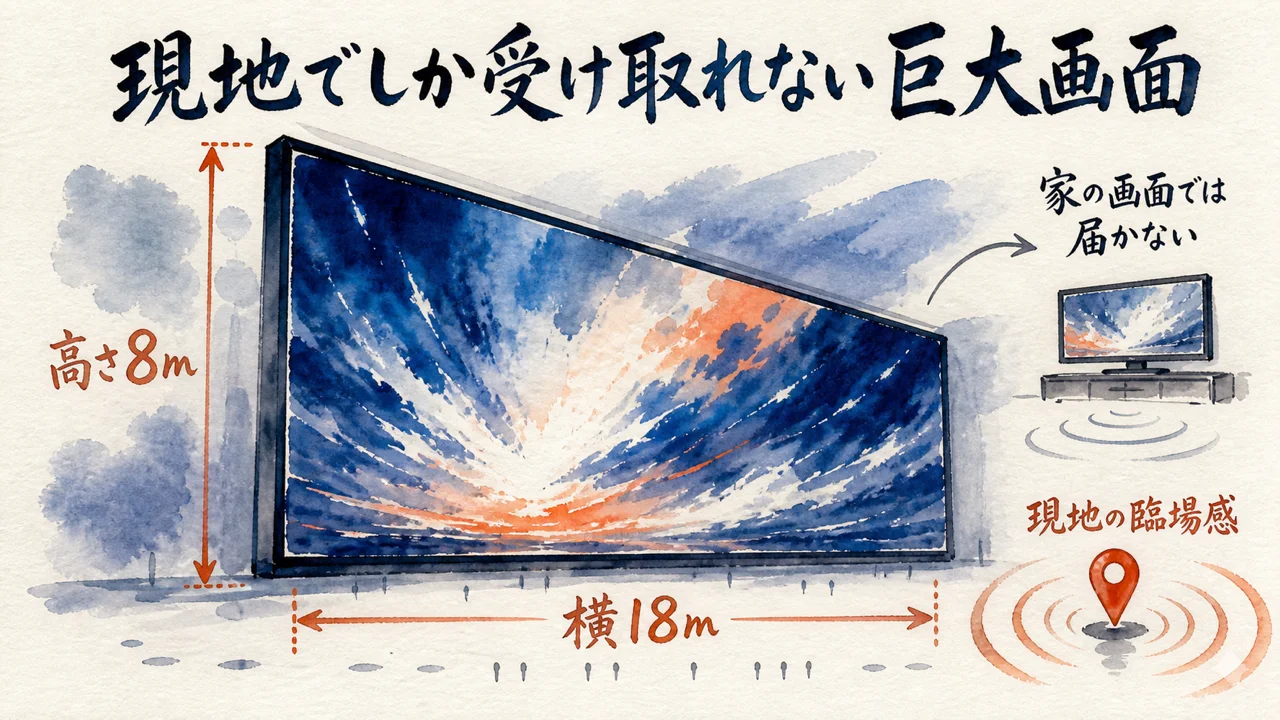 高さ8メートルの巨大画面が作る現地の臨場感の図解