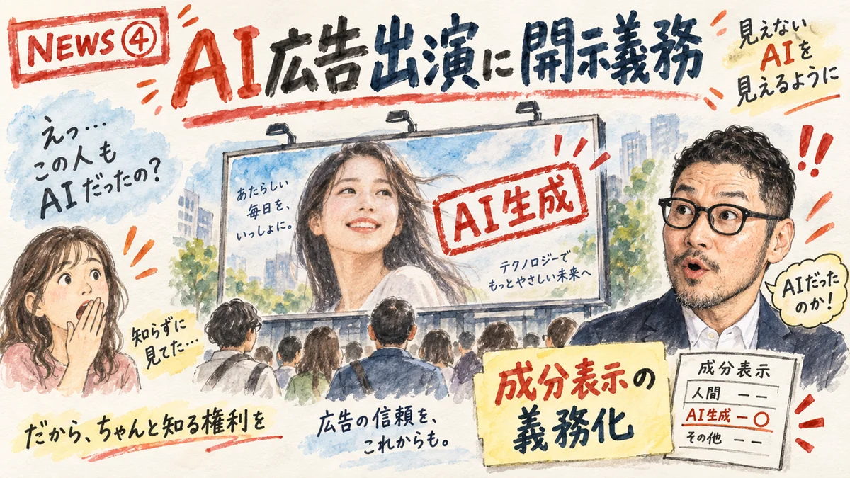 AI生成広告の開示義務についてひろくんが解説するグラフィックレコーディング風イラスト
