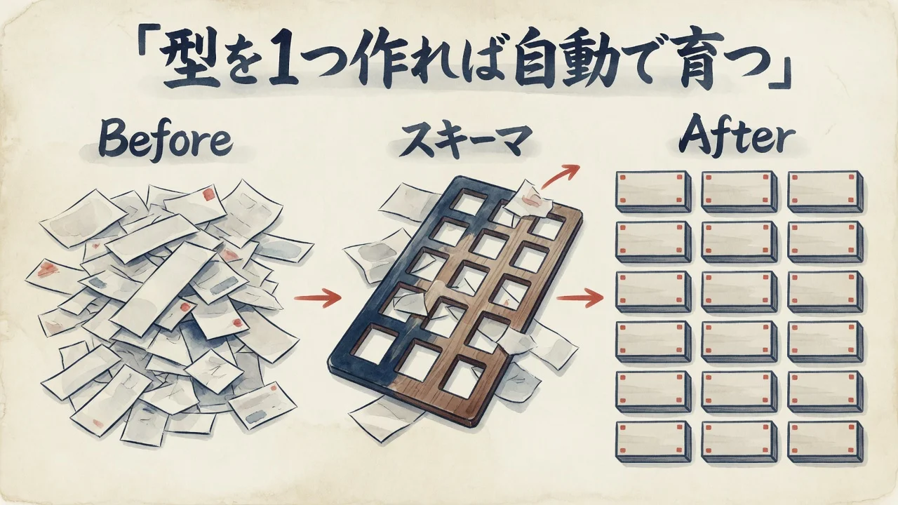 スキーマという型を1つ作れば統一フォーマットで自動的に育つ様子を示した前後の水彩図解