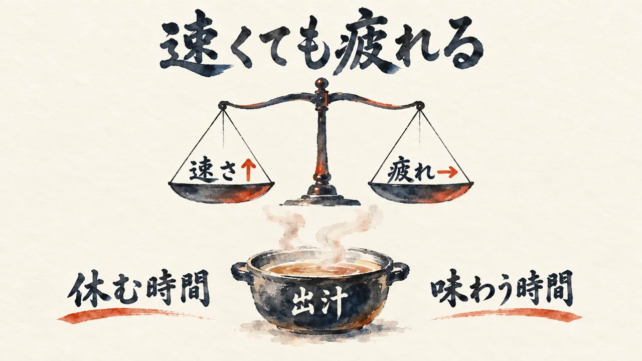 速さと疲れの天秤と、休む時間・味わう時間の出汁の図解