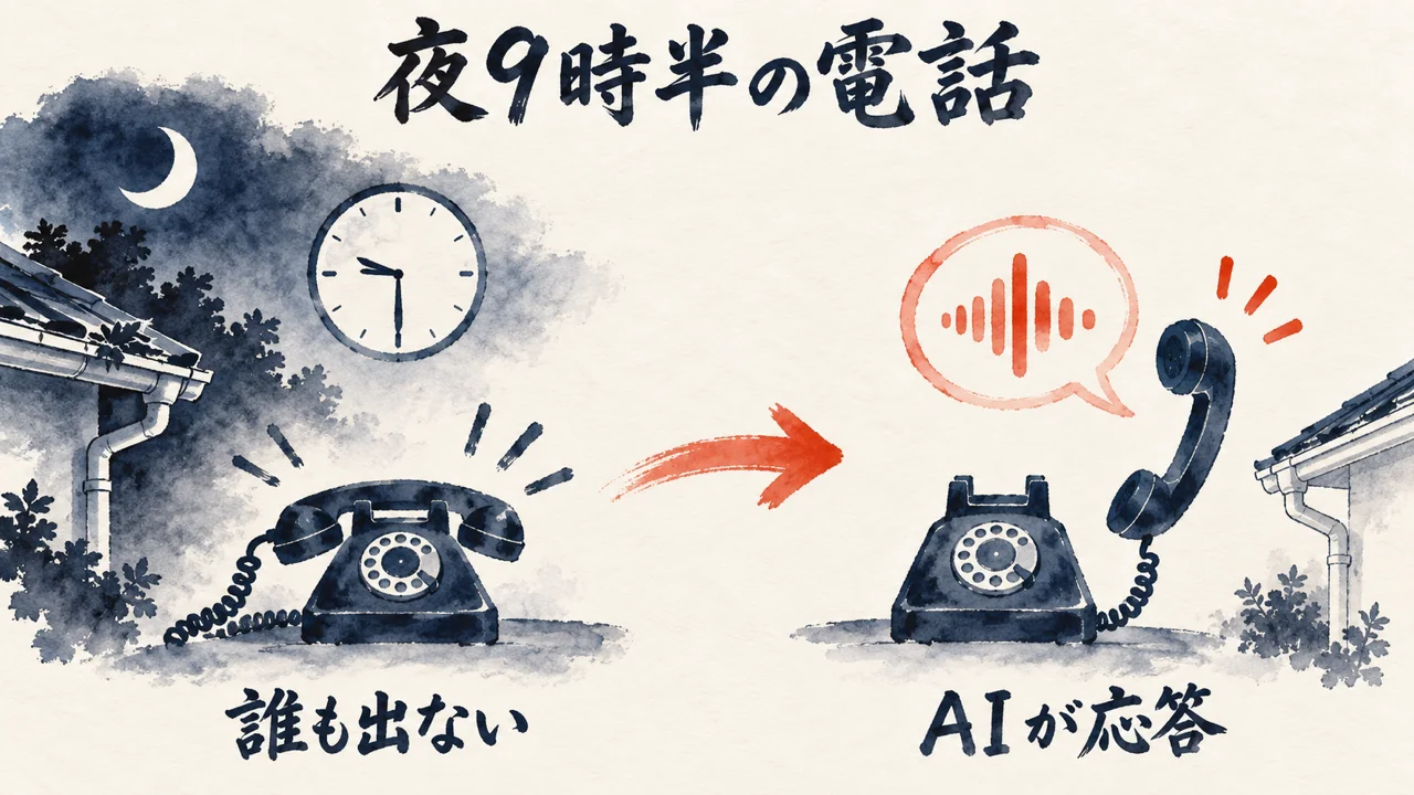 夜9時半の電話を誰も出ない状態からAIが応答する対比の図解