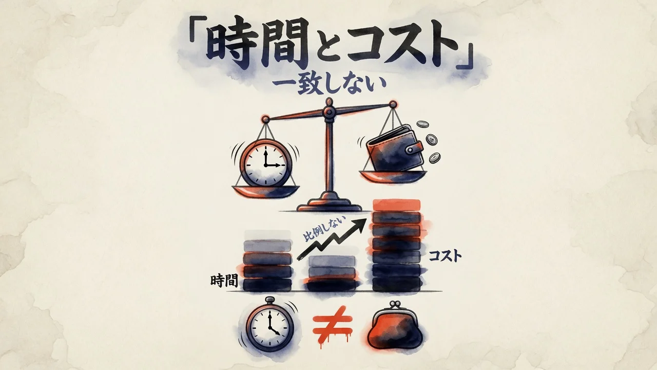 時間とコストは一致しないという図解