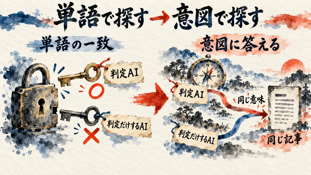 単語の一致で探す検索と、意図で探す検索の違いを示した水彩イラスト