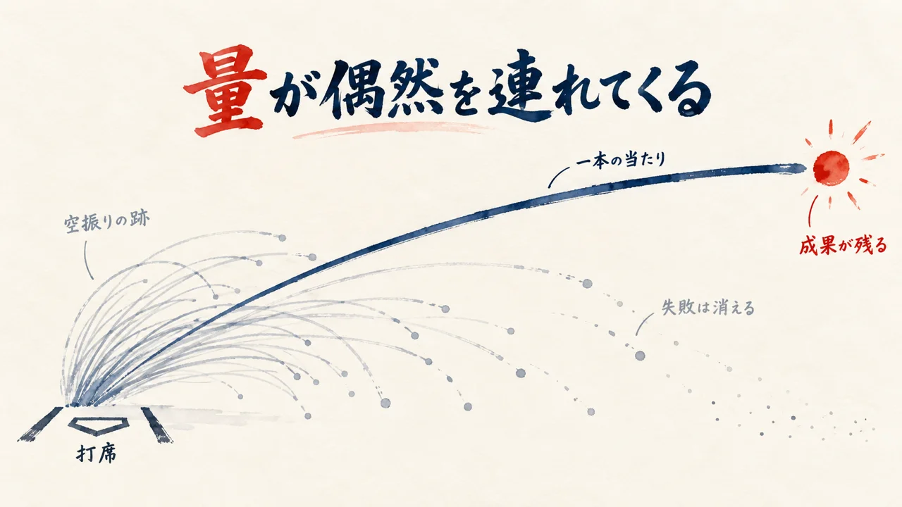 打席数を増やすほど偶然の当たりが出ることを軌跡で表した図解