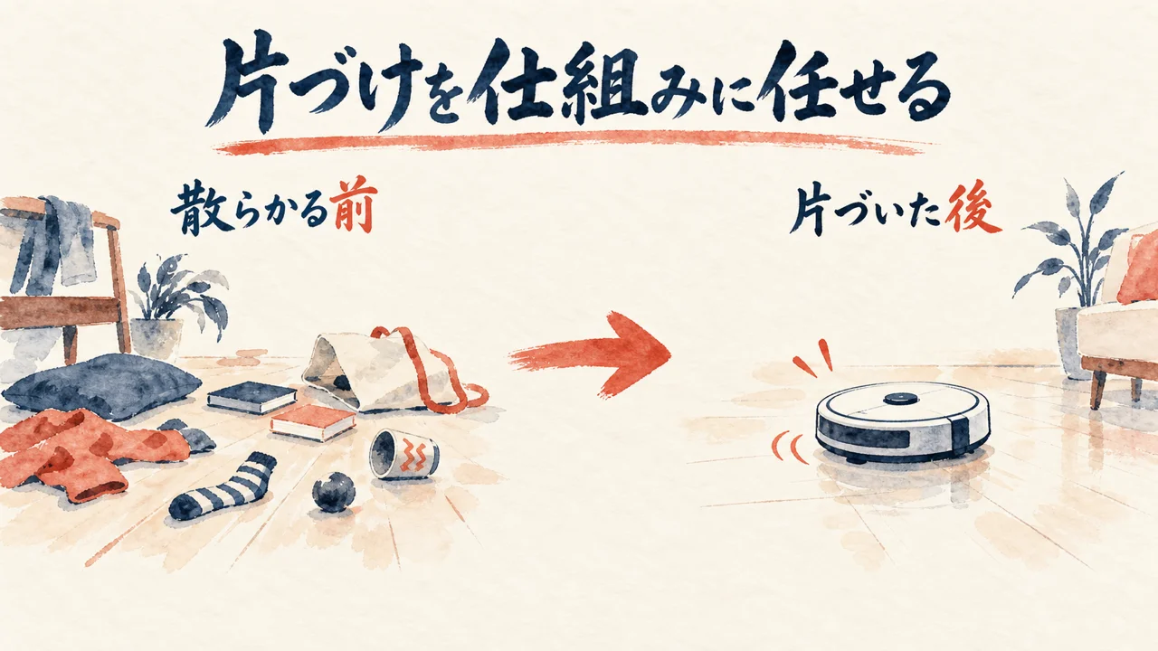 掃除ロボが片づけを仕組みに変えるBefore Afterの図解