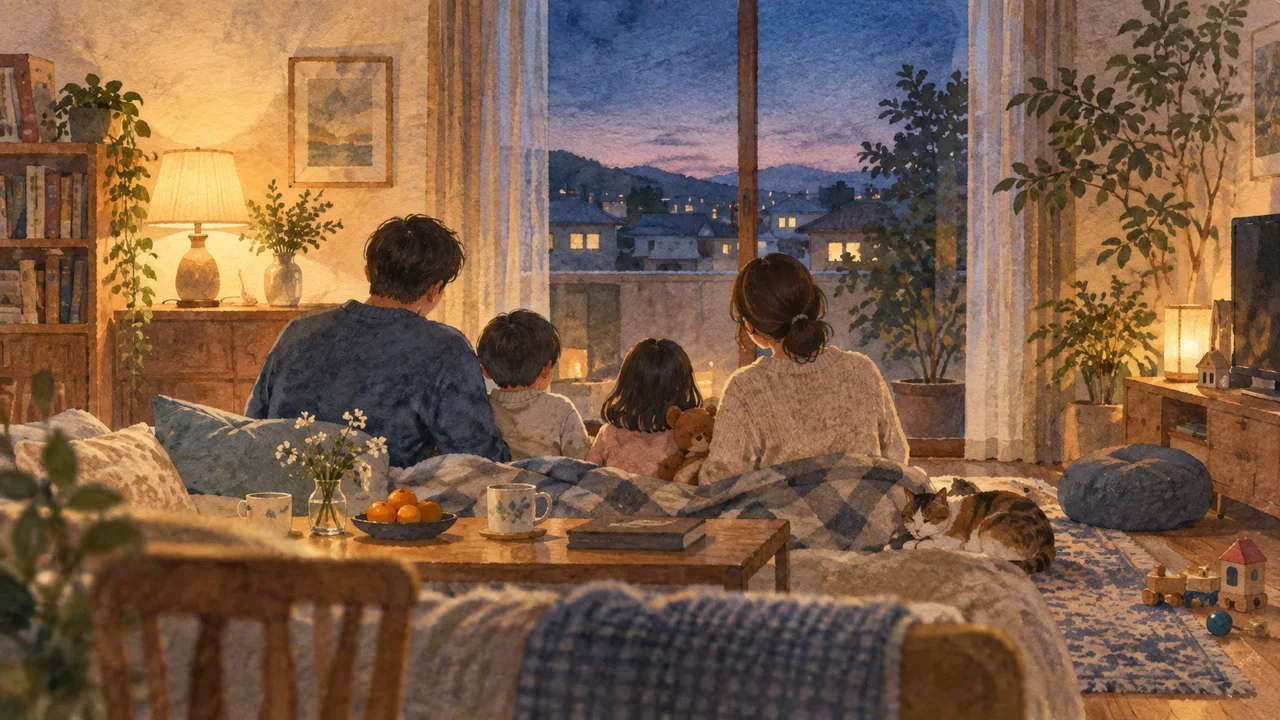 家族が同じ部屋で静かに過ごす有難さを描いた水彩画
