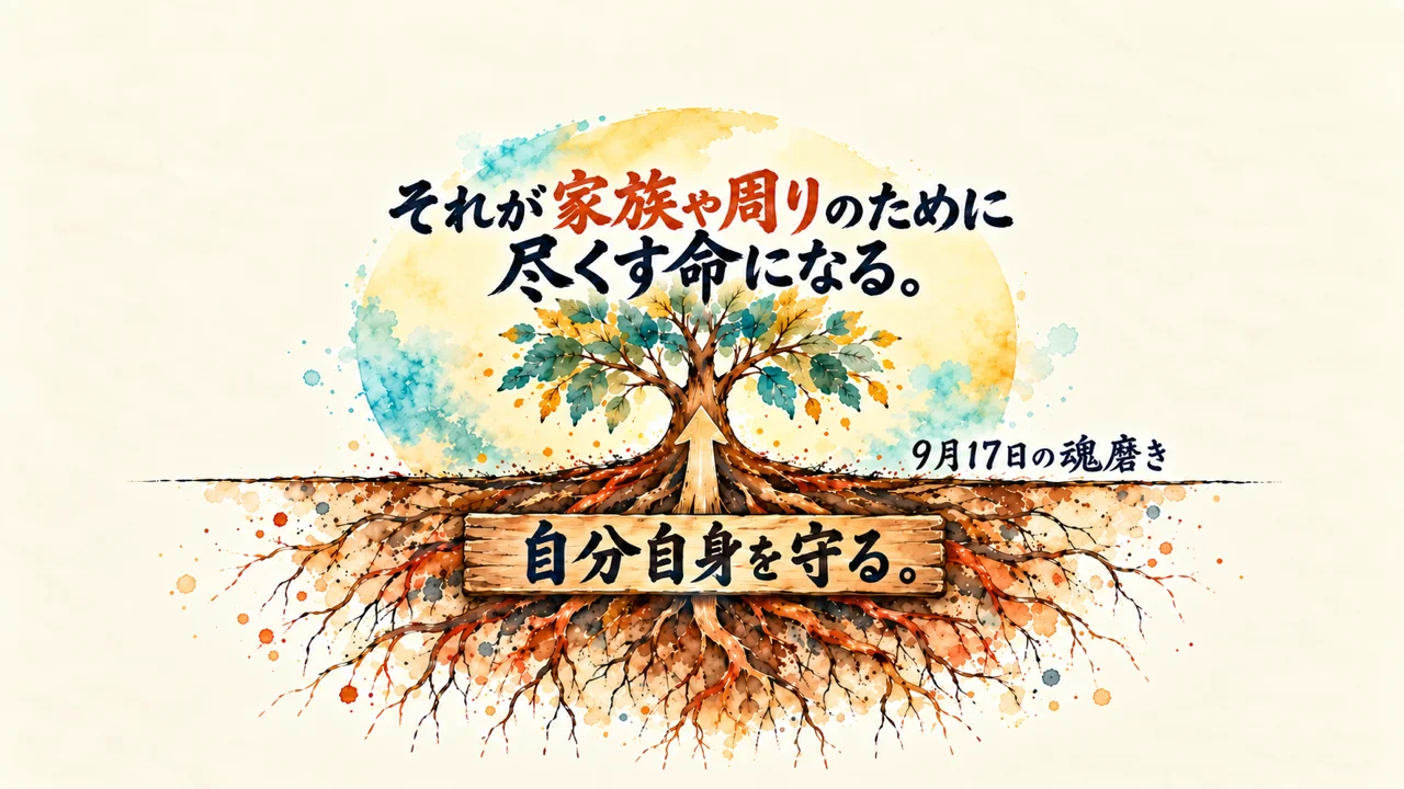 大きな木と根の断面。根の木札「自分自身を守る。」と、幹の上の言葉「それが家族や周りのために尽くす命になる。」。注釈は「9月17日の魂磨き」