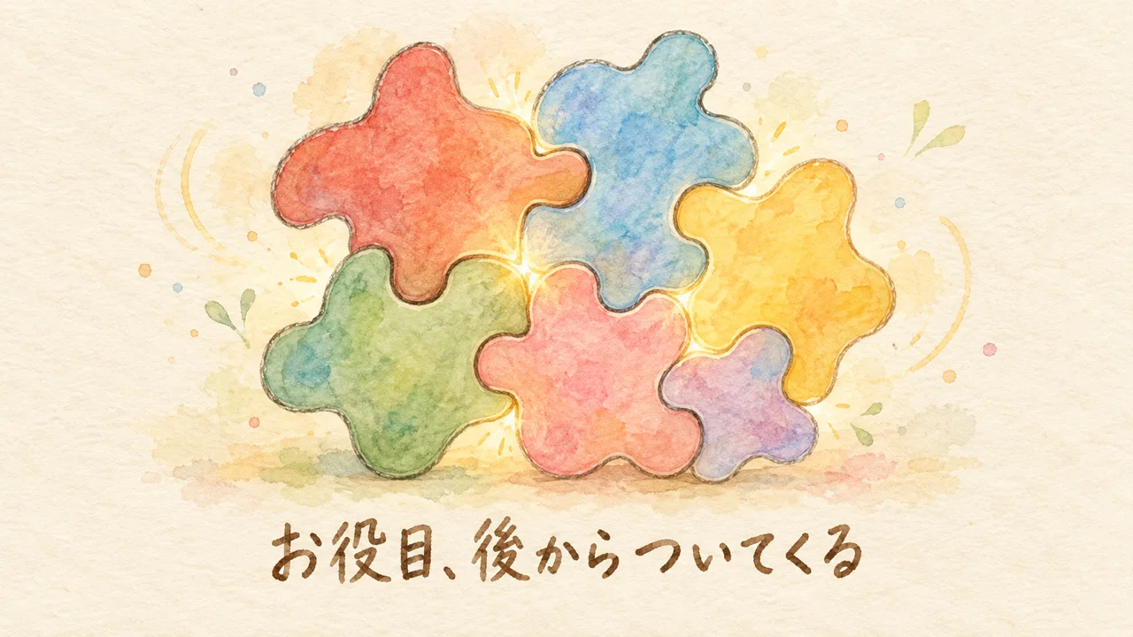 凸凹のピースが噛み合いお役目が現れる様子のイラスト