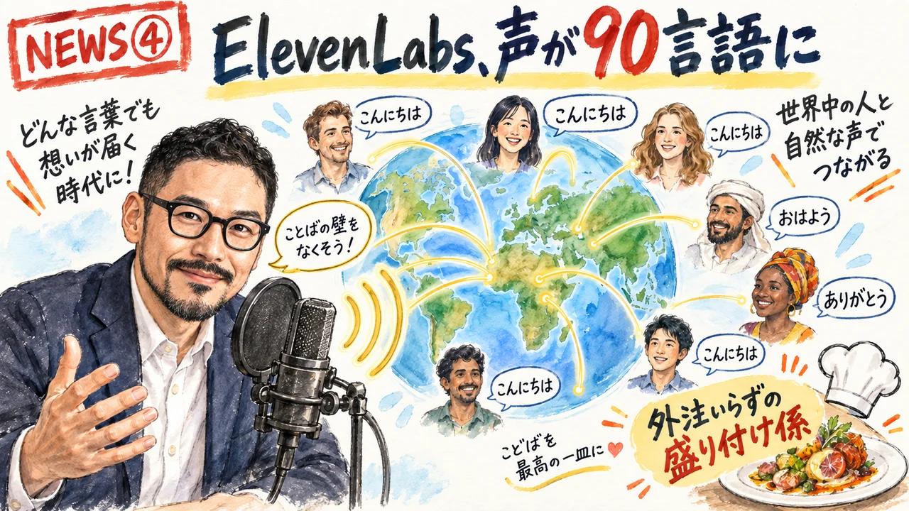 ElevenLabs新音声のニュースを解説するひろくんのグラレコ