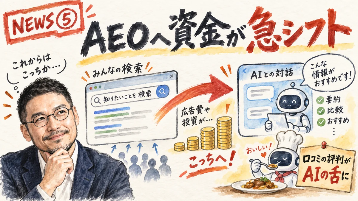 AEOへ資金がシフトする様子をひろくんが解説するグラフィックレコーディング風イラスト