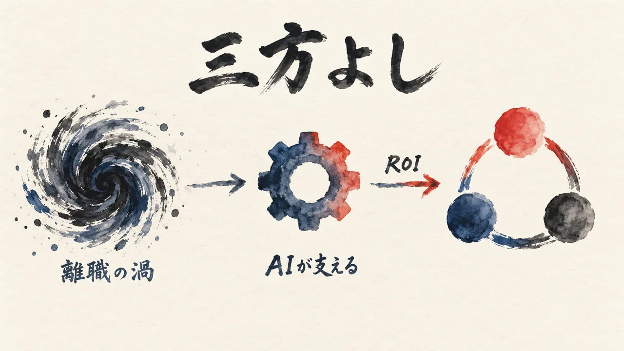 離職の渦からAIが支える三方よしへ向かう流れの図解