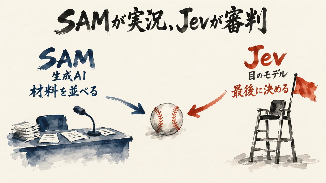 SAMが実況しJevが審判をするという役割分担を示す対比図解