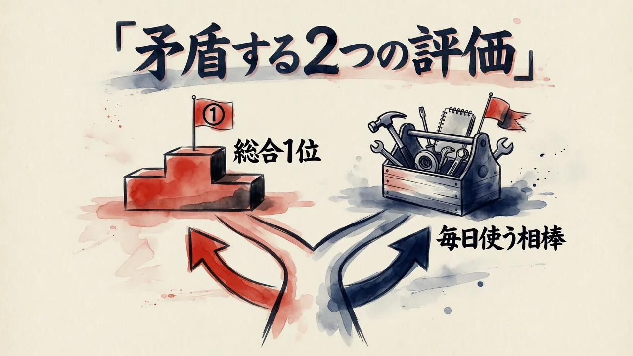 矛盾する2つの評価、総合1位と毎日使う相棒の図解
