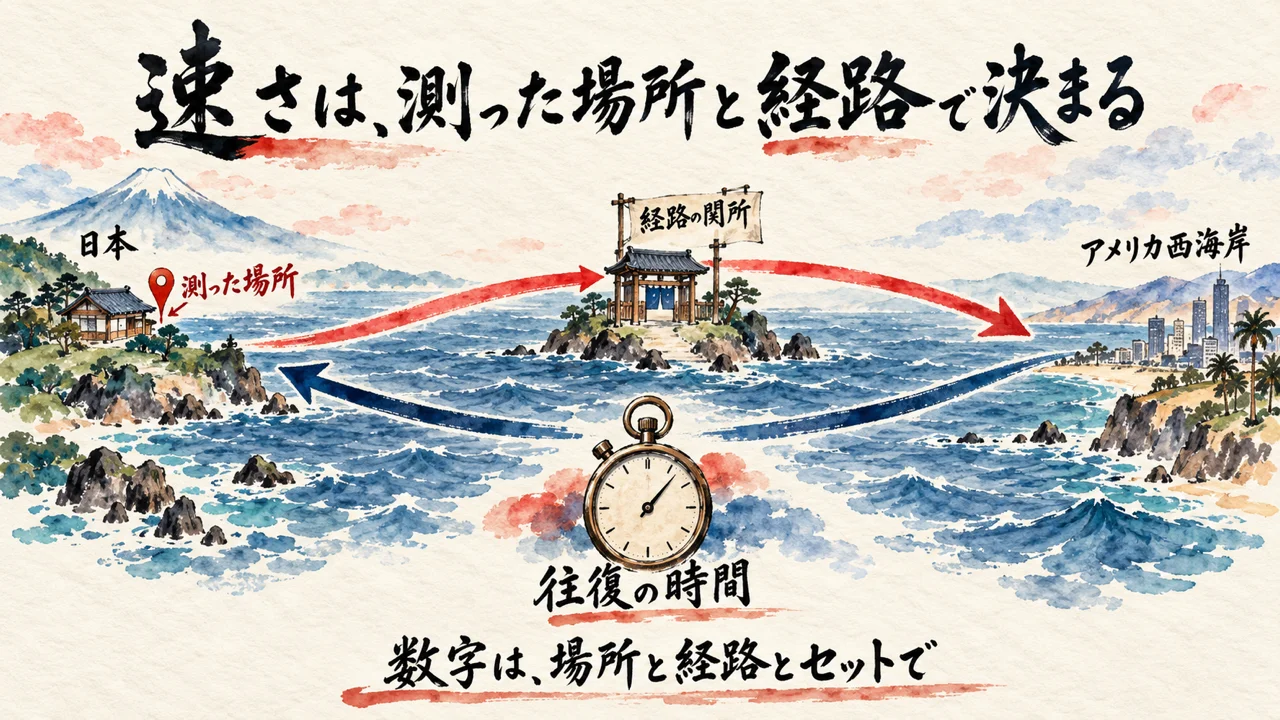 速さの数字は測った経路ごとに自分の言葉にすることを示した水彩イラスト